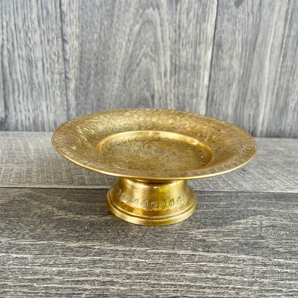 Vintage Brass Etched Floral Pedestal Small Trinket Dish, Boho Décor