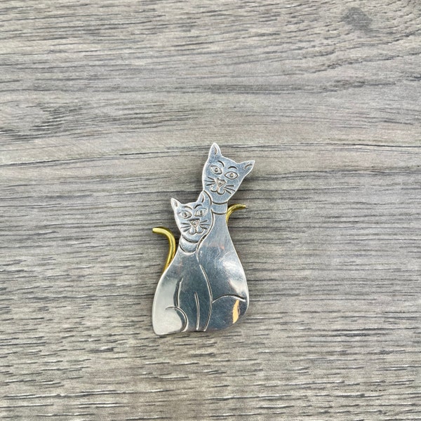 Vintage Sterling Silver Two Cats Two Tone MEXICO 925 Brooch Pendant