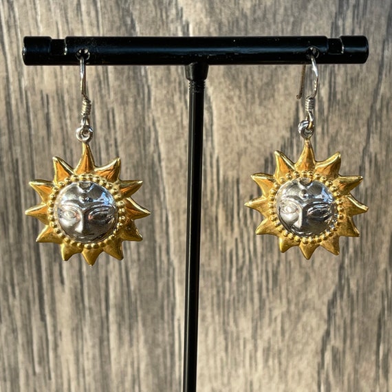Vintage Sun Face Two Toned Sterling Silver Dangle… - image 1