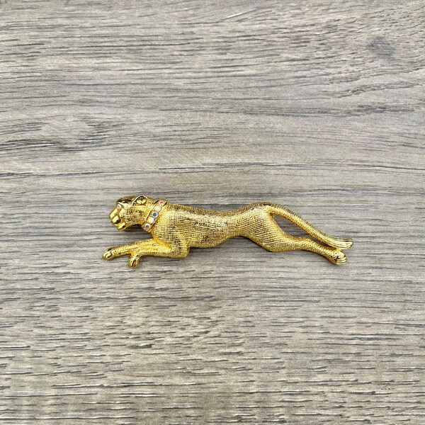vintage Leaping Feline AB Strass Collier Texturé Gold Tone Broche