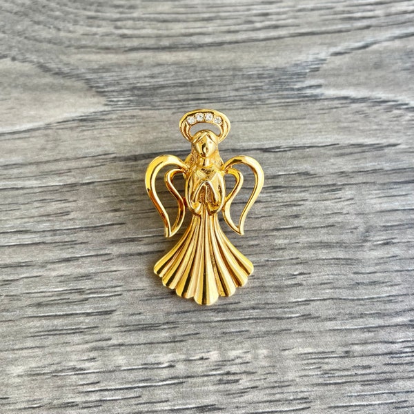 Vintage Avon “Heavenly Angel” Praying Angel Rhinestones Halo Gold Tone Pin, Christmas Holiday Pin