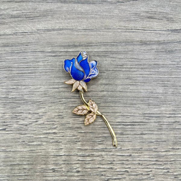 Vintage Fish & Crown Blue Rose Cloisonné Brooch