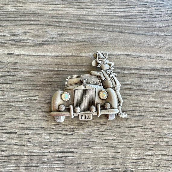 Vintage JJ Jonette Jewelry Bull and Car Pewter Br… - image 1