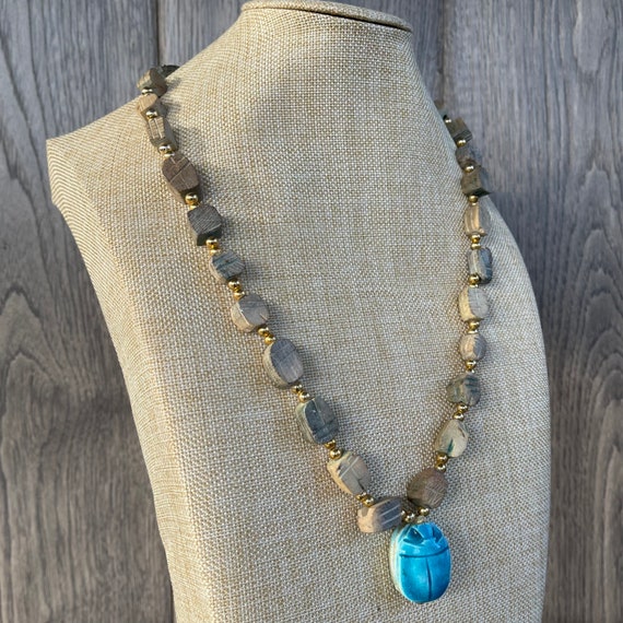 Vintage Soap Stone Scarab Necklace, Egyptian Revi… - image 3