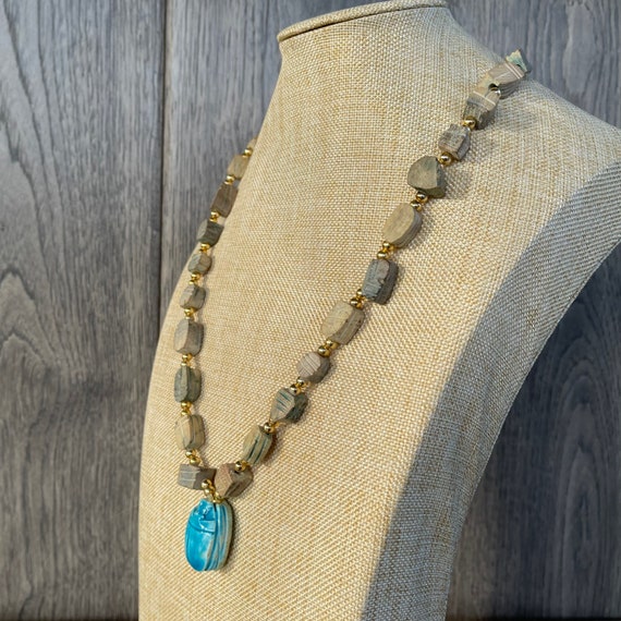 Vintage Soap Stone Scarab Necklace, Egyptian Revi… - image 4