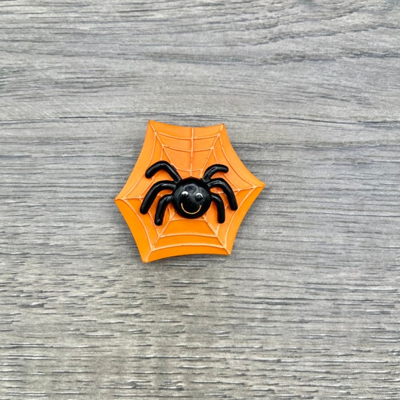 Vintage  Black Spider Orange Spider Web Plastic B… - image 1