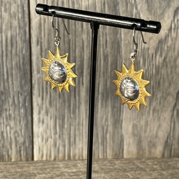 Vintage Sun Face Two Toned Sterling Silver Dangle… - image 2