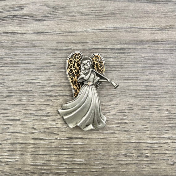 Vintage JJ Jonette Jewelry Angel Pewter Brooch - image 1