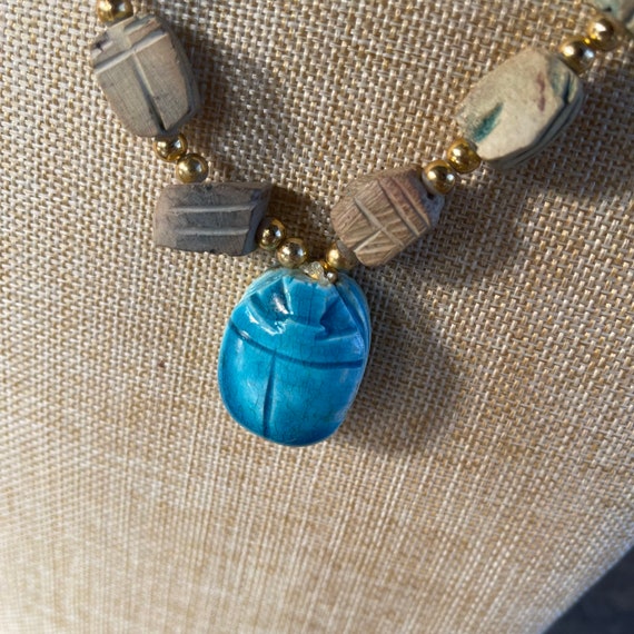 Vintage Soap Stone Scarab Necklace, Egyptian Revi… - image 7