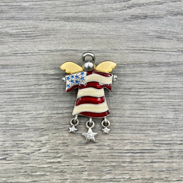 Vintage AJMC American Flag Angel with Dangling Stars Two Tone Brooch