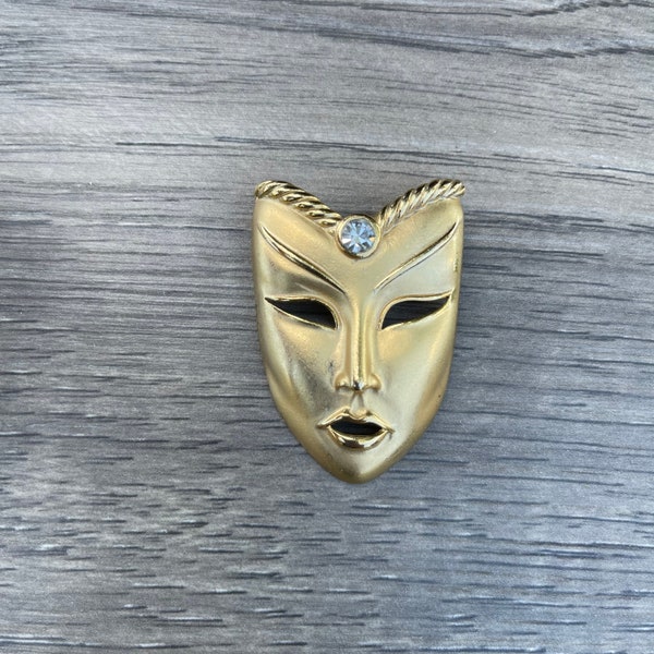 Vintage Gold Tone Mask with Rhinestones Brooch, Masquerade