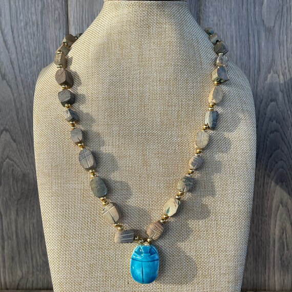 Vintage Soap Stone Scarab Necklace, Egyptian Revi… - image 2