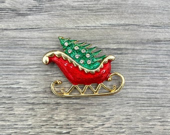 Vintage Sleigh Enamel and Rhinestones Gold Tone Brooch, Christmas Holiday Costume Jewelry