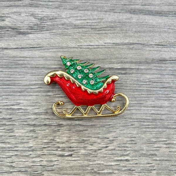 Vintage Sleigh Enamel and Rhinestones Gold Tone Brooch, Christmas Holiday Costume Jewelry