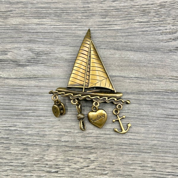 Vintage JJ Jonette Jewelry Sailboat and Charms Brass Tone Brooch, Vintage Nautical Costume Jewelry