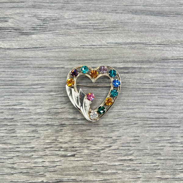 Vintage CATAMORE Gold Filled Multicolor Rhinestone Heart Small Brooch