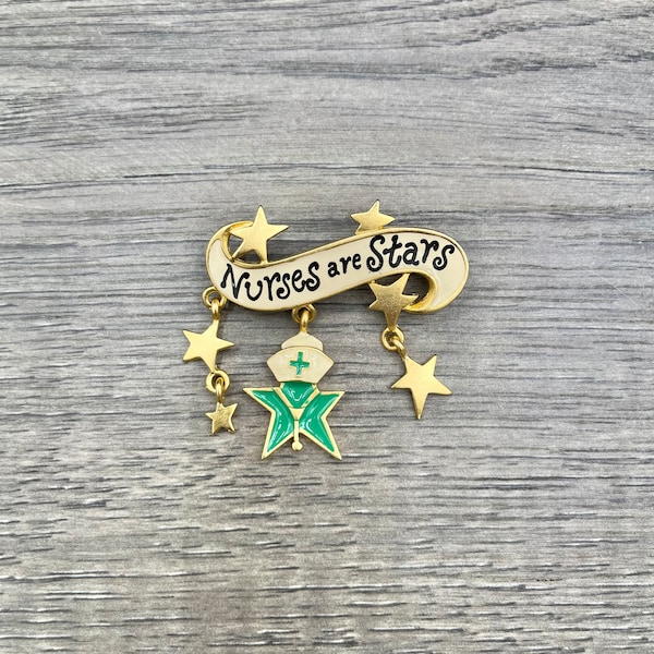 Vintage Tona "Nurses Are Stars" Nurse Banner with Dangling Stars Charms Matte Gold Tone brooch