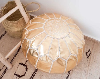 Handmade Moroccan Gold Leather Pouf, Round Ottoman Footstool Cover [Unstuffed]
