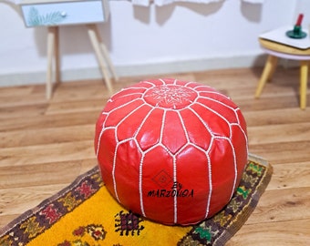 Moroccan Leather red pouf, red ottoman pouf, Red footstool, red floor cushion, floor cushion pouf
