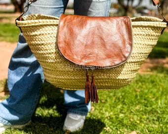 Handwoven Moroccan Straw Bag, Leather Flap, Boho Beach Tote