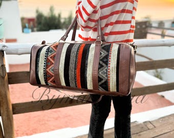 Personalized Travel bag,Leather overnight Bag, kilim travel bag