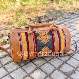 Personalized Leather Duffel Bag, Carpet luggage Bags, Handmade Moroccan travel bags