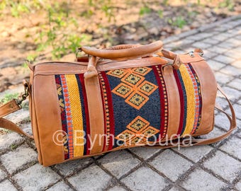 Personalized Leather Duffel Bag, Carpet luggage Bags, Handmade Moroccan travel bags