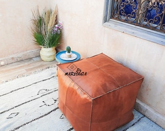 Handmade Square Leather Ottoman Pouf: Moroccan Footstool
