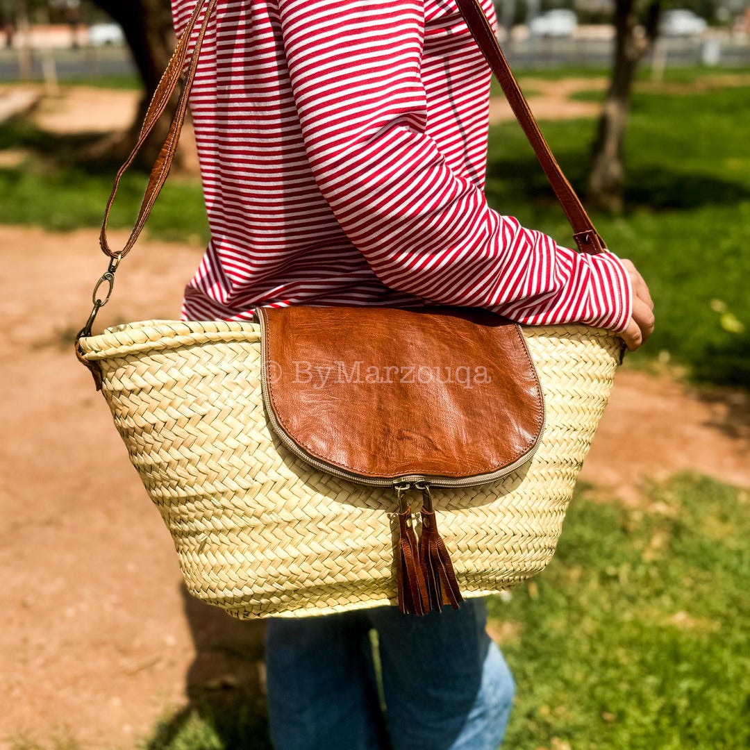 Handwoven Moroccan Straw Tote: Leather Handles & Flap, Boho Market Bag ...
