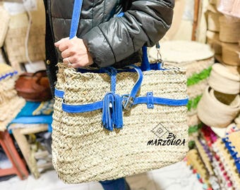 Handwoven Moroccan Straw Tote: Leather Handles & Flap, Boho Market Bag
