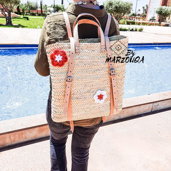 Handwoven Moroccan Straw Backpack: Leather Straps, Boho  display picture 1