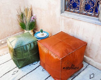 Handmade Moroccan Square Leather Pouf Ottoman – Hand-Stitched Floor Cushion & Footstool
