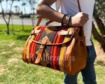 Handmade Moroccan Leather & Carpet Travel Bag - Weekender Duffel Bag