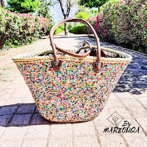 Handwoven Sequin Straw Bag – Colorful Sequin Beach & Market Basket with Leather Handles – Boho Weekender Beach Tote