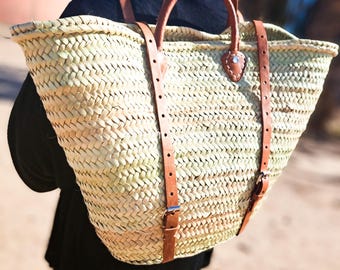 Handwoven Straw Backpack: Leather Straps, Moroccan Boho Rucksack