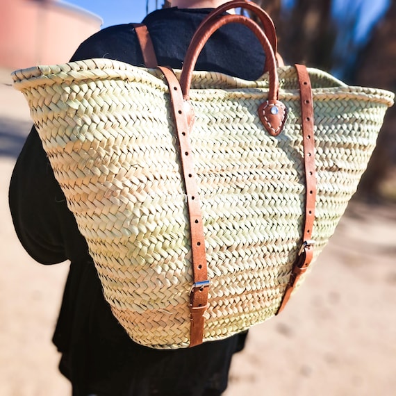Woven Straw Backpack with Leather Straps Amazon.com: French basket with leather strap, Straw backpack  main image 2