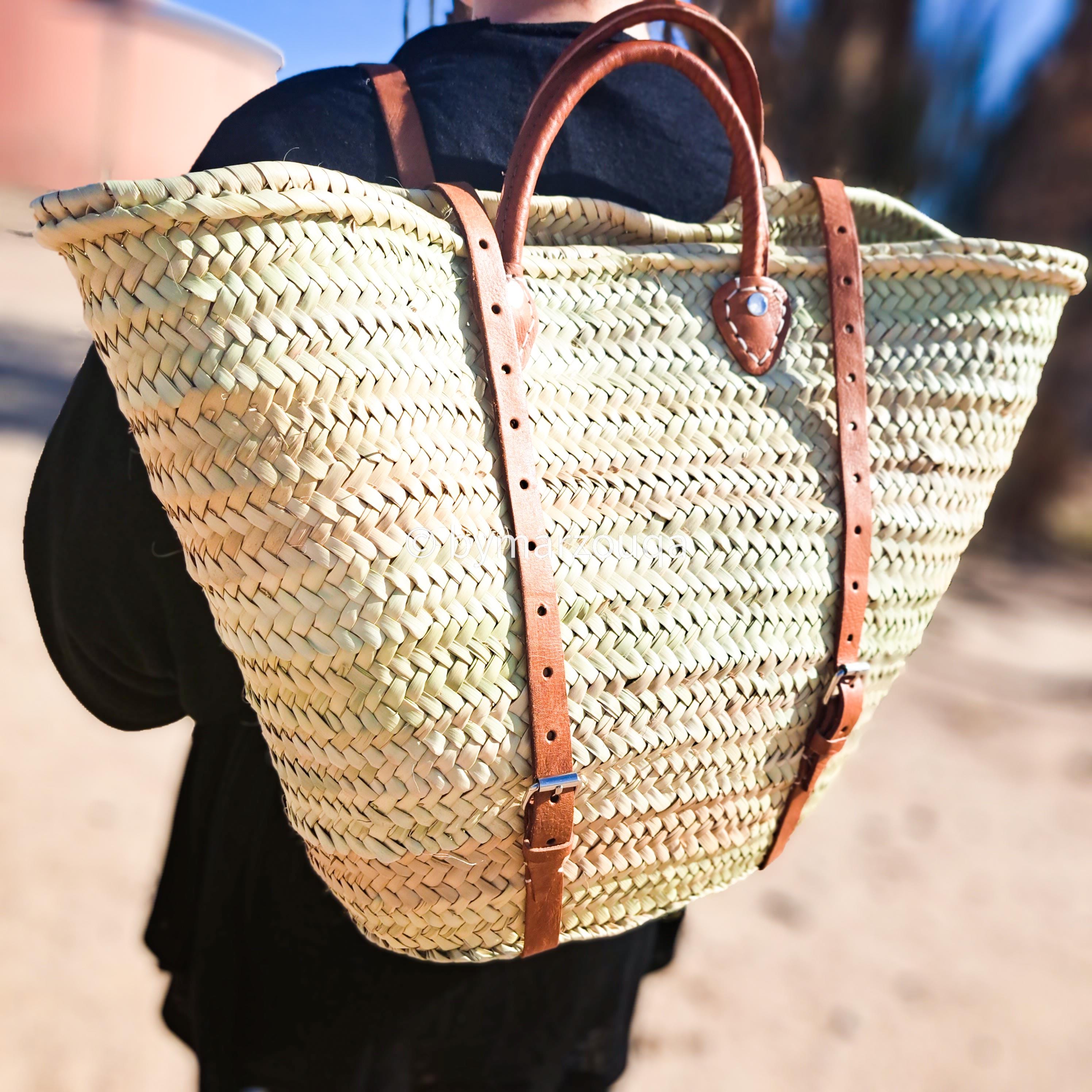 Straw Boho Rucksack : Handwoven Straw Backpack With Leather  display picture 3