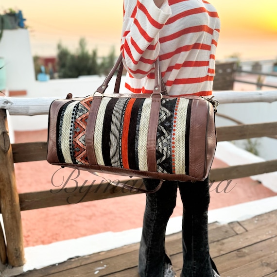 Moroccan Kilim Duffle Bag – Handmade Leather Weekender Bag