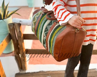 Handmade Travel Bag, Carpet Duffel Bag, Leather overnight, weekender bag