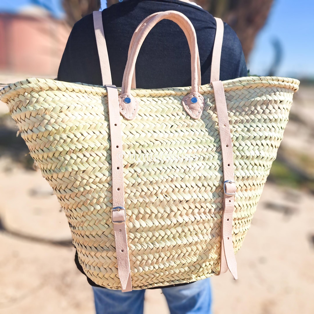 Straw Backpack With Leather Straps – Handwoven Boho Bag, Moroccan Palm ...