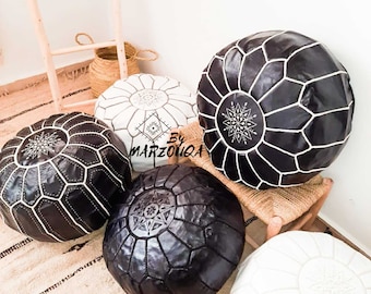 Handmade Moroccan Leather Pouf – Round Ottoman Footstool
