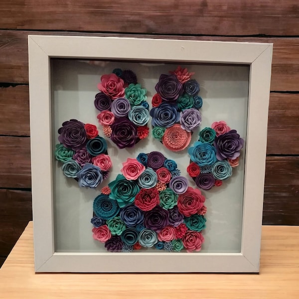 Pawsitively Adorable: Handcrafted Paper Flower Dog Paw Print Shadow Box (8x8)