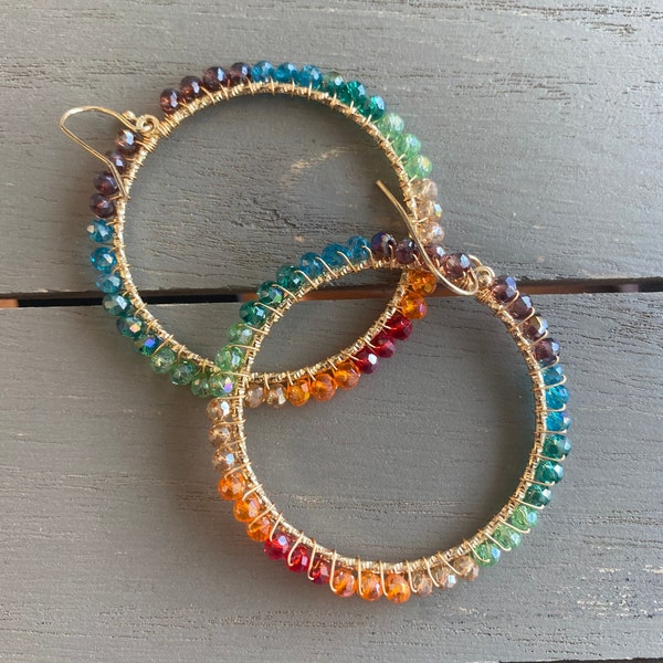 RAINBOW Glass Beaded Hoop Earrings | Gifts | Lightweight Boho Hoop Earrings | LGBTQ+ | Pride Day Jewelry | Rainbow Jewelry | Glass Beads