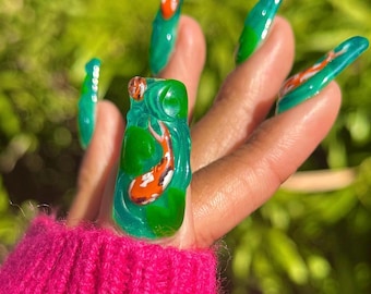 3D Koi Fish Press On Nails: Hand-Painted Nail Art Design