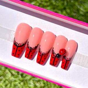 Ladybug Nail Art Press On Nail Unique French Tip Reusable Nail Set for Bug Lover