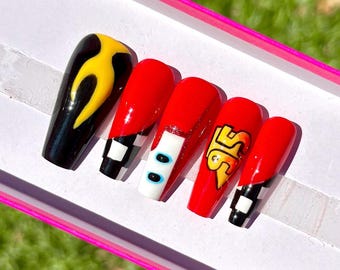 Red Checkered Race Car Press On Nails: Hand-Painted Cartoon Nail Art