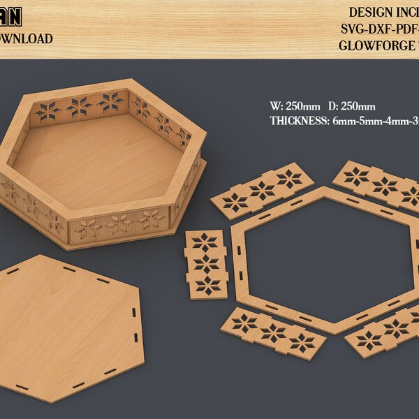Hexagon Tray Svg file , Tray Laser Cut files, CNC plan Tray Template 318