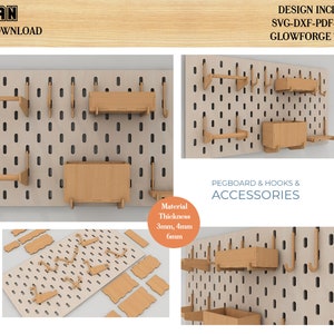 Pegboard and Accessories Laser cut SVG files - Peg board Hooks, Shelfs Digital Plans 372