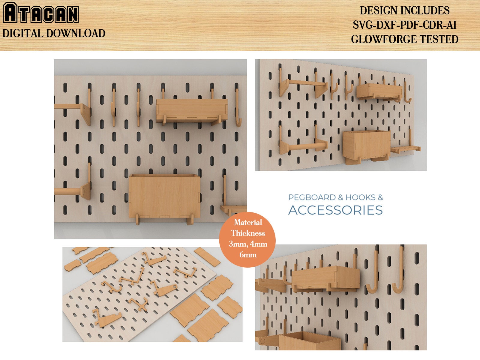 Pegboard SVG / Wooden Pegboard Accessories / Wall Pegboard / Peg Board  Shelf / Laser Cut Files for Glowforge 455 