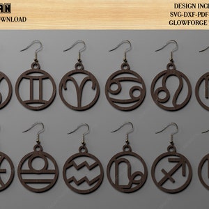 Zodiac Earring Bundle / Horoscope Earrings Symbol / Twelve Month Signs / Astrology Laser cut Files SVG DXF CDR Ai 506 image 1